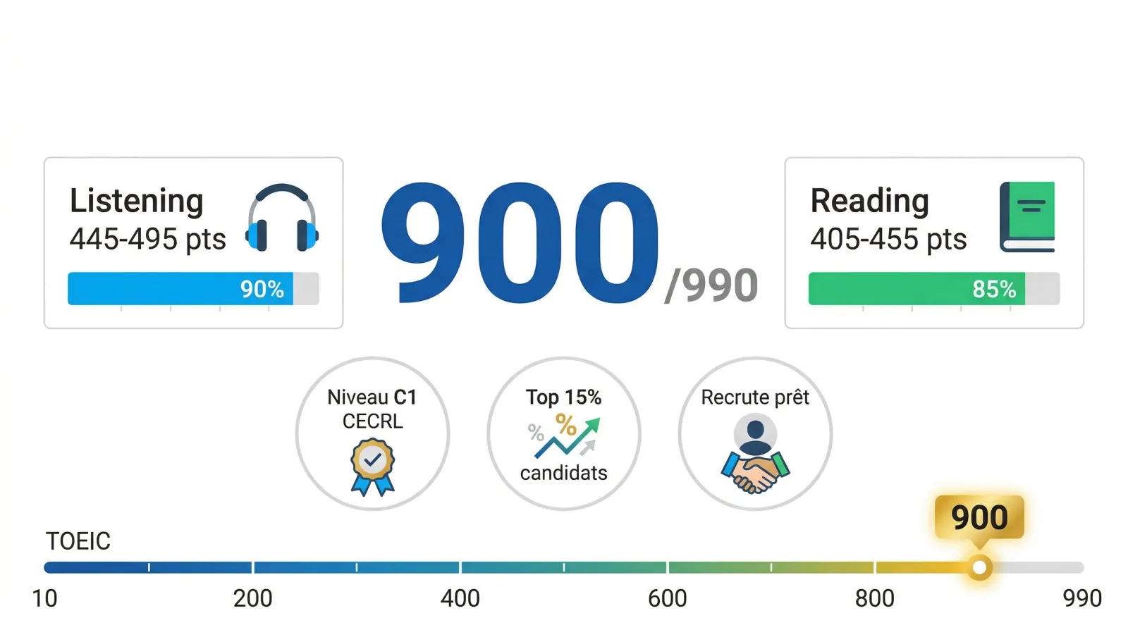 Score 900 au TOEIC — ce que ça représente, niveau C1 CECRL, top 15% des candidats français