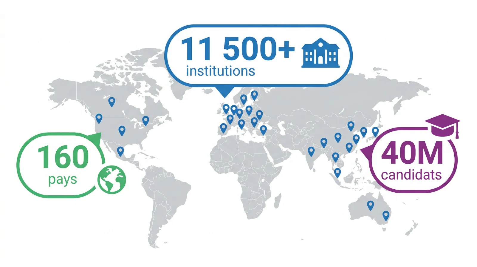 TOEFL iBT reconnu par plus de 11 500 universités dans 160 pays — carte de la reconnaissance internationale