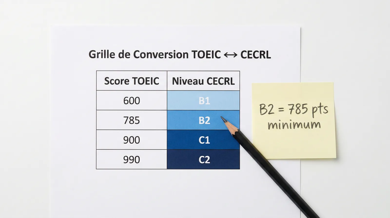 Score TOEIC : grille de conversion et équivalences CECRL (2026)