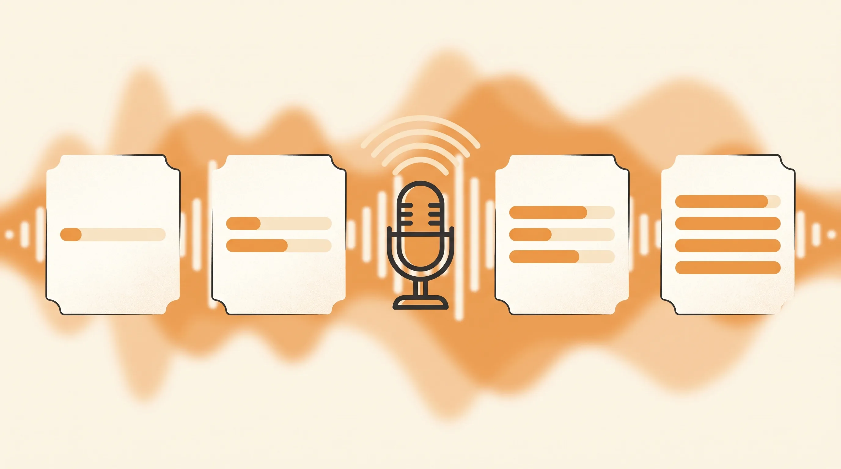 Cartes d'interview et ondes audio abstraites pour l'entraînement TOEFL Speaking
