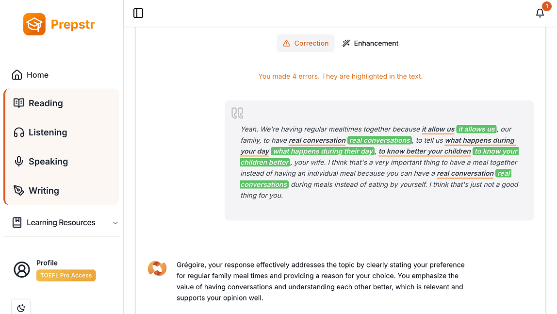 Correction de Speaking assistée par IA