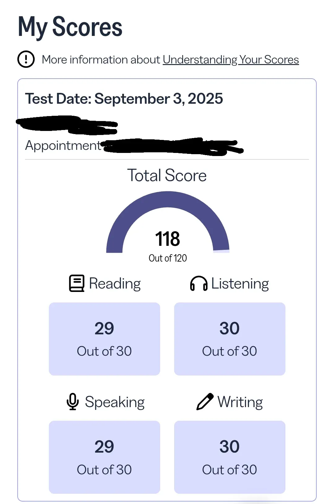 Résultat TOEFL de Thomas D. - 118/120