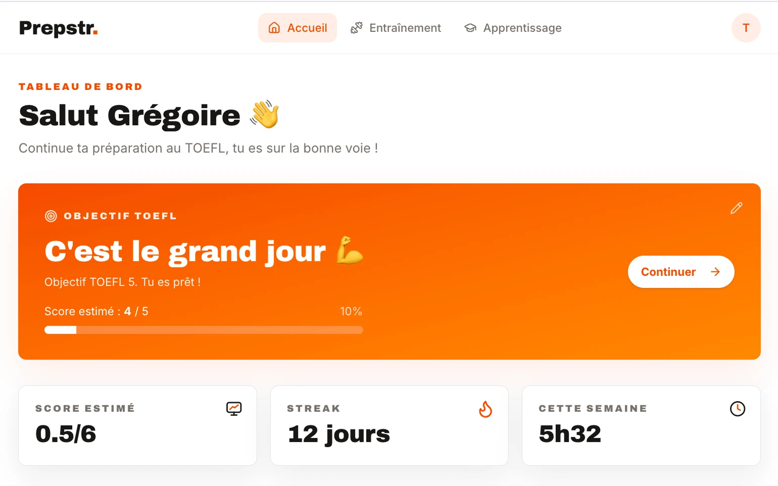 Dashboard Prepstr : objectif TOEFL, score estimé, série de jours et temps de travail hebdomadaire