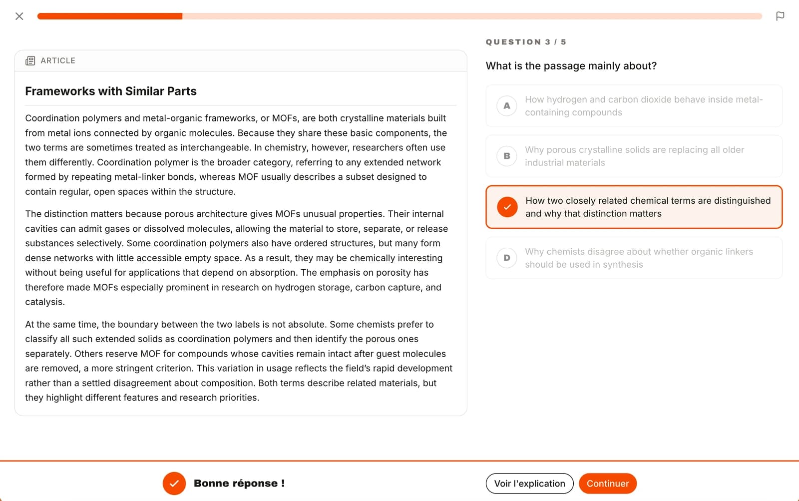 Exercice Reading : lire un article académique et répondre à une question de compréhension
