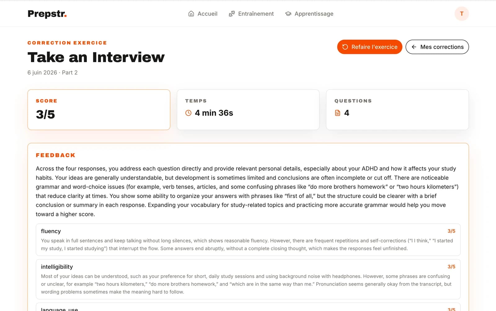 Feedback détaillé de l'interview Speaking : Fluency, Intelligibility, Language Use, Content Relevance
