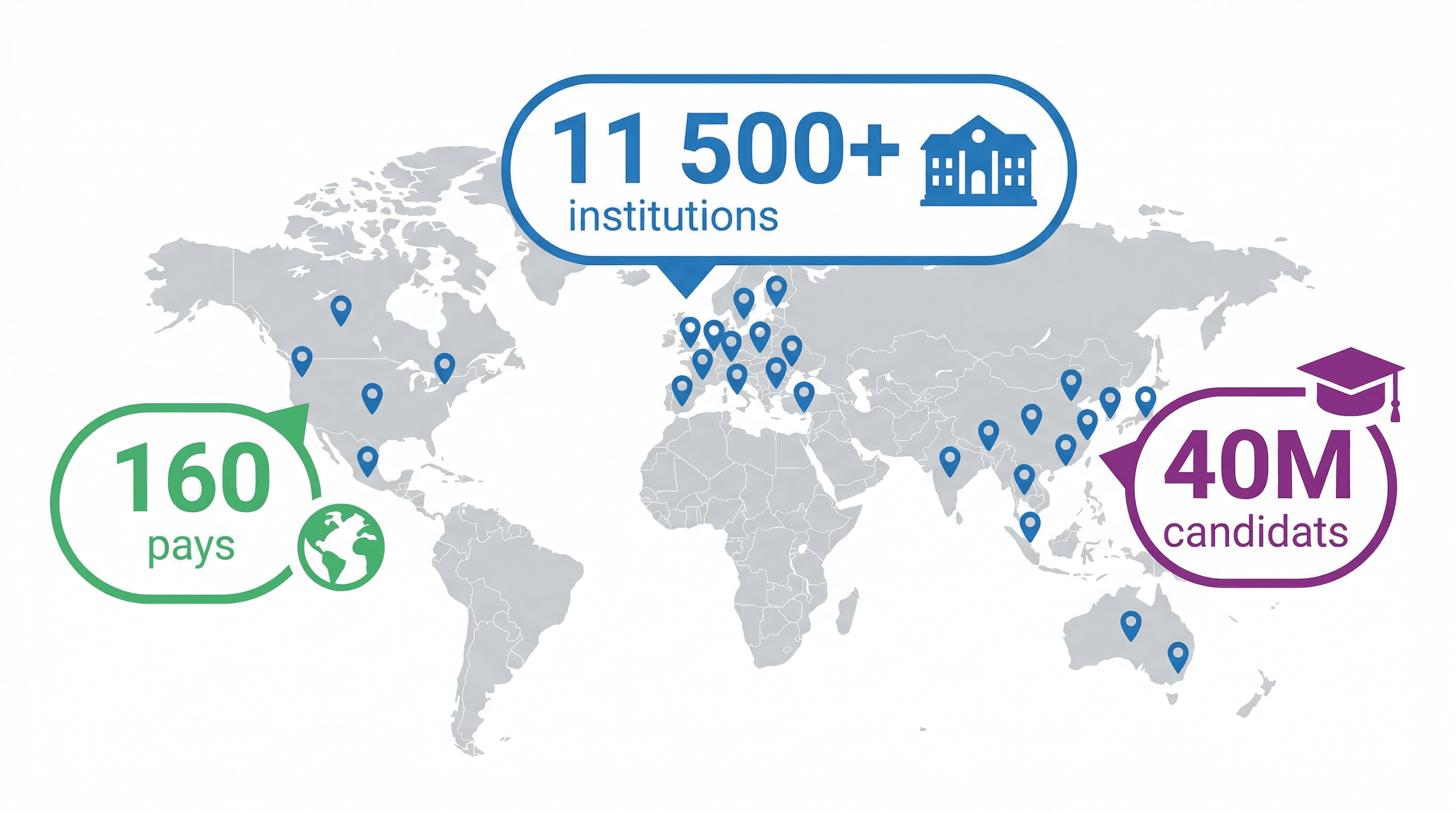 TOEFL iBT reconnu par plus de 11 500 universités dans 160 pays — carte de la reconnaissance internationale