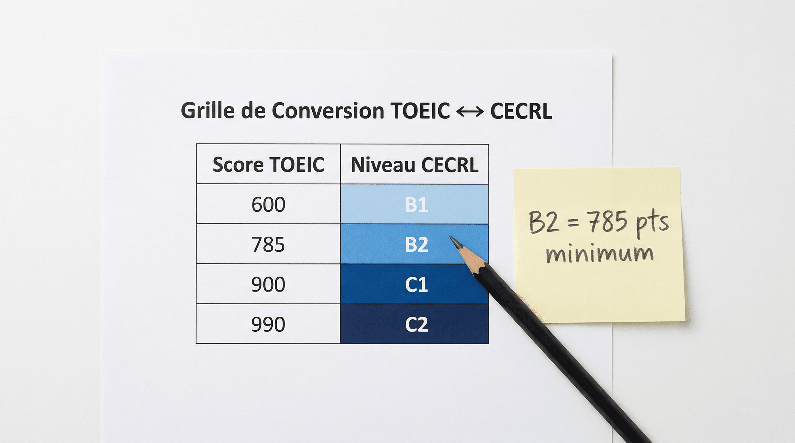 Score TOEIC : grille de conversion et équivalences CECRL (2026)