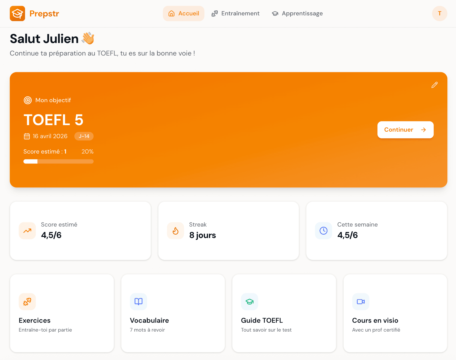 Tableau de bord Prepstr pour suivre une préparation TOEFL