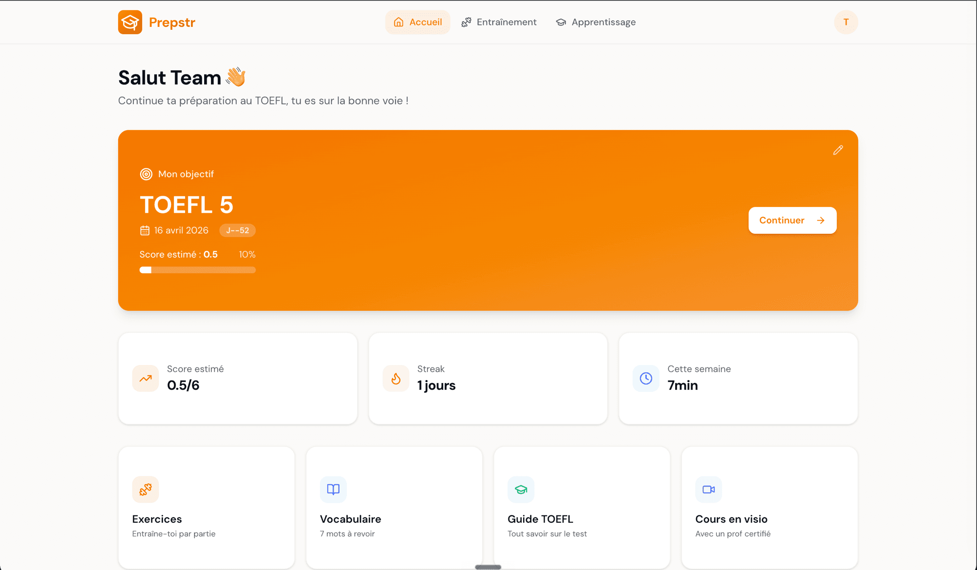 Dashboard Prepstr : objectif TOEFL, compte à rebours, score estimé, planning de la semaine