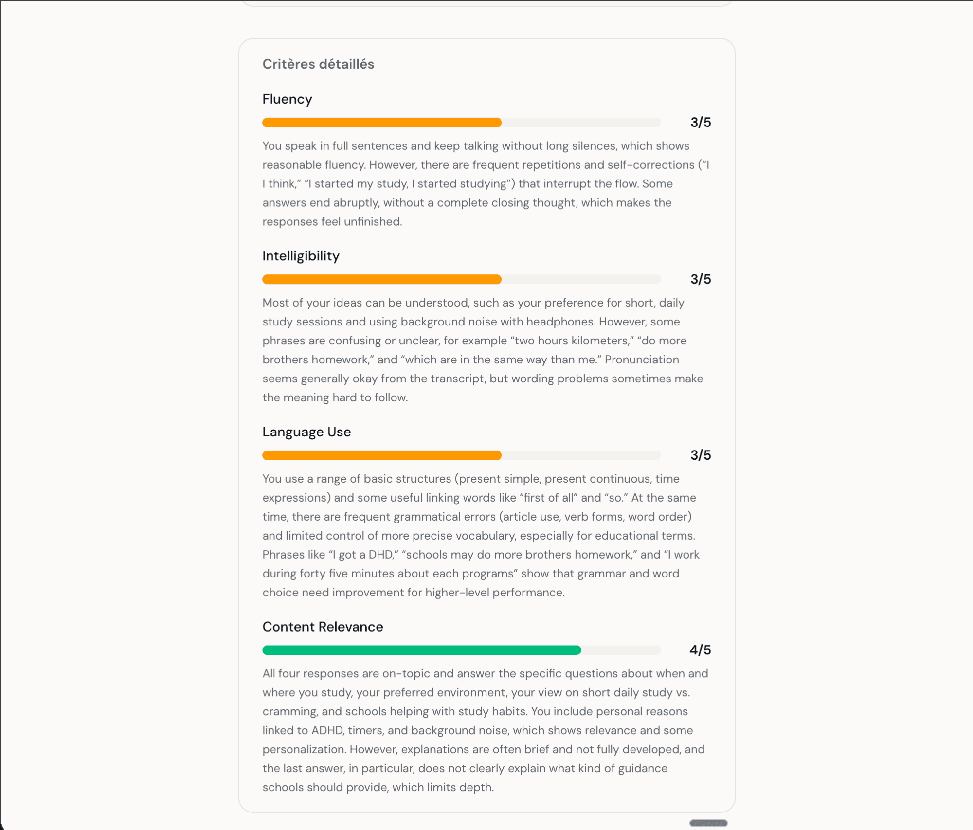 Feedback détaillé de l'interview Speaking : Fluency, Intelligibility, Language Use, Content Relevance