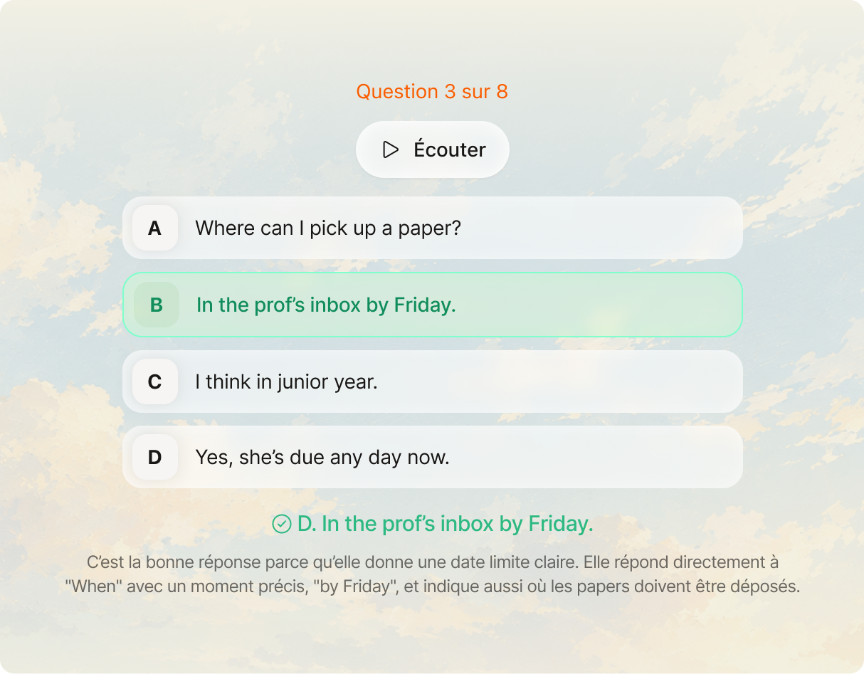 Exemple d’exercice Listening dans Prepstr